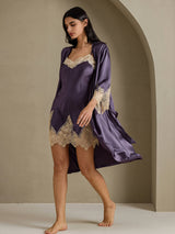 [Lilagrau] SilkSilky-DE 3/4 Sleeve V Neck Nachthemd&Morgenmantel Set 003