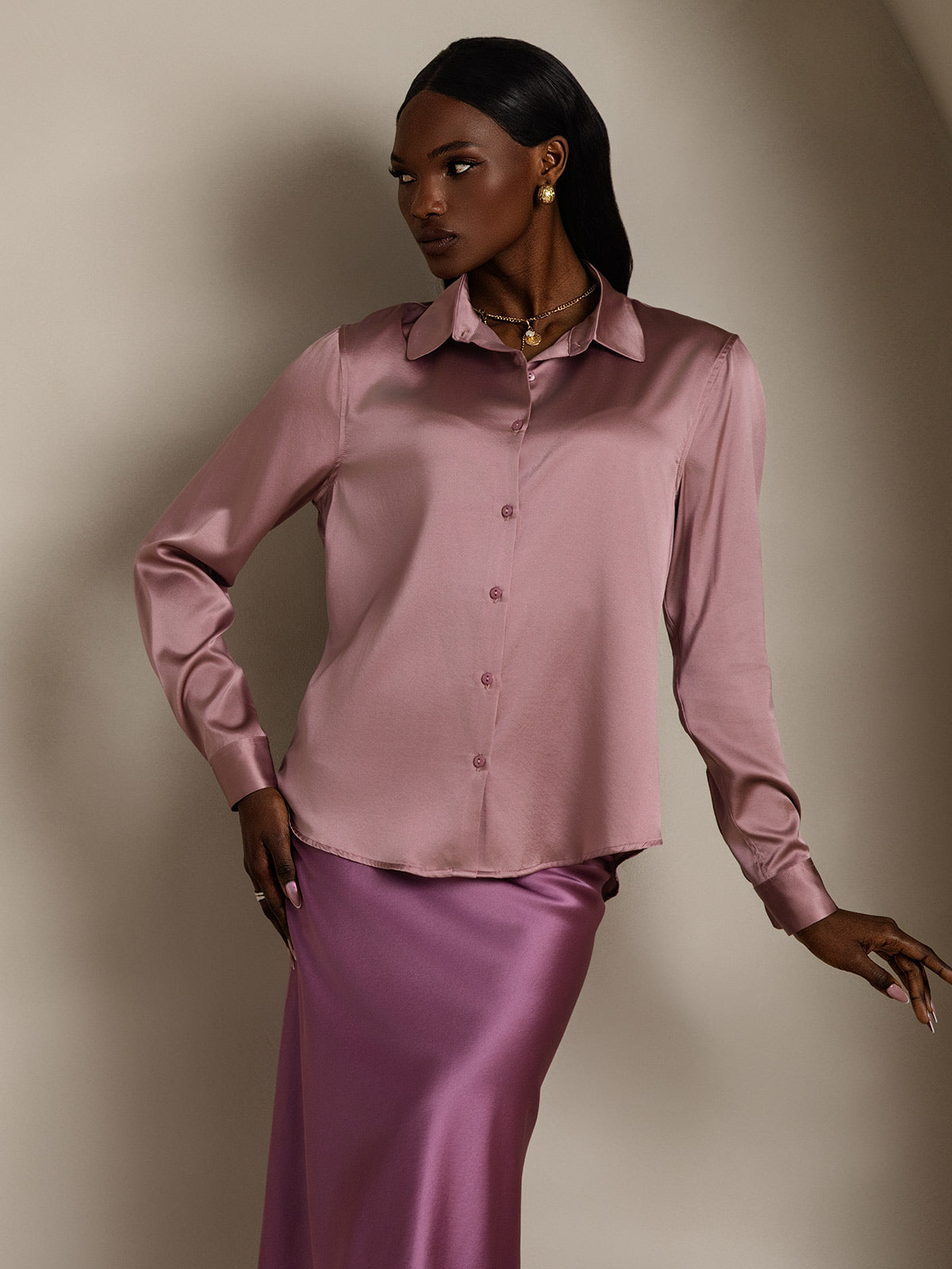 [Blasses Mauve] SilkSilky-DE Seide Umlegekragen Damenhemd 005