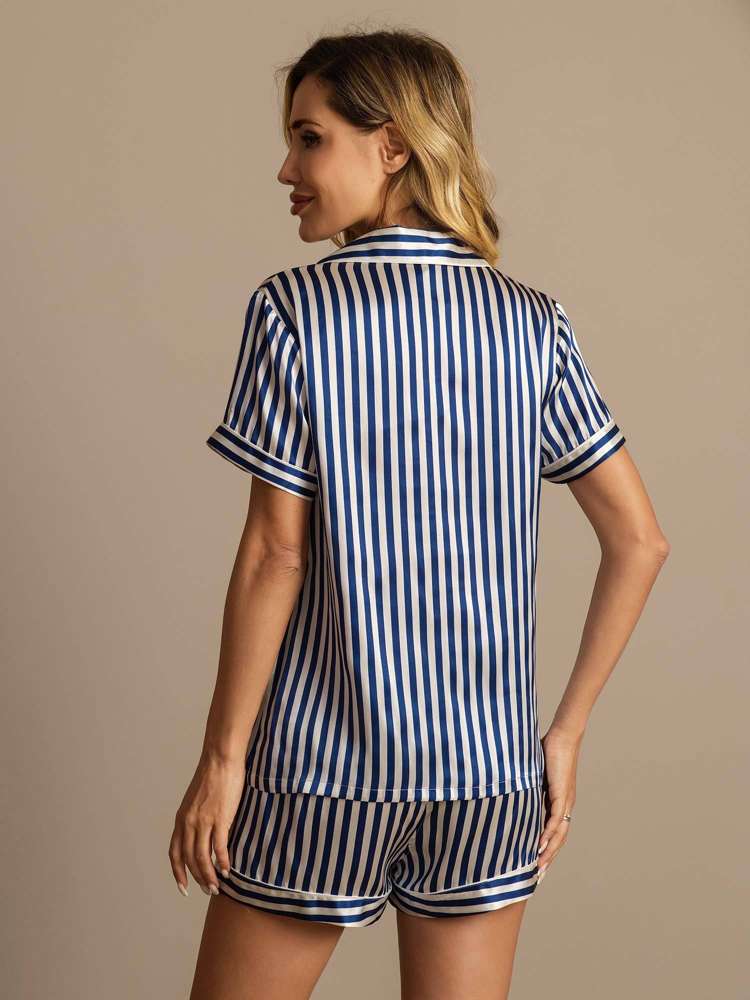 [Dunkelblau] SilkSilky-DE Reine Seide Womens Pajamas 002,