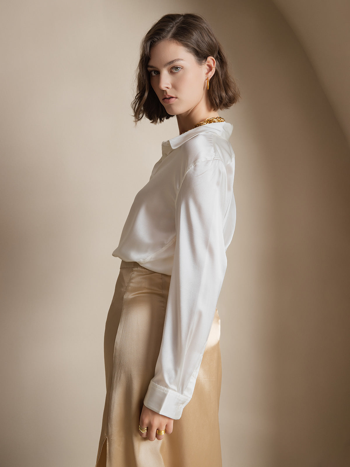 [Weiß] SilkSilky-DE Seide Langärmelig Umlegekragen Damenhemd 004