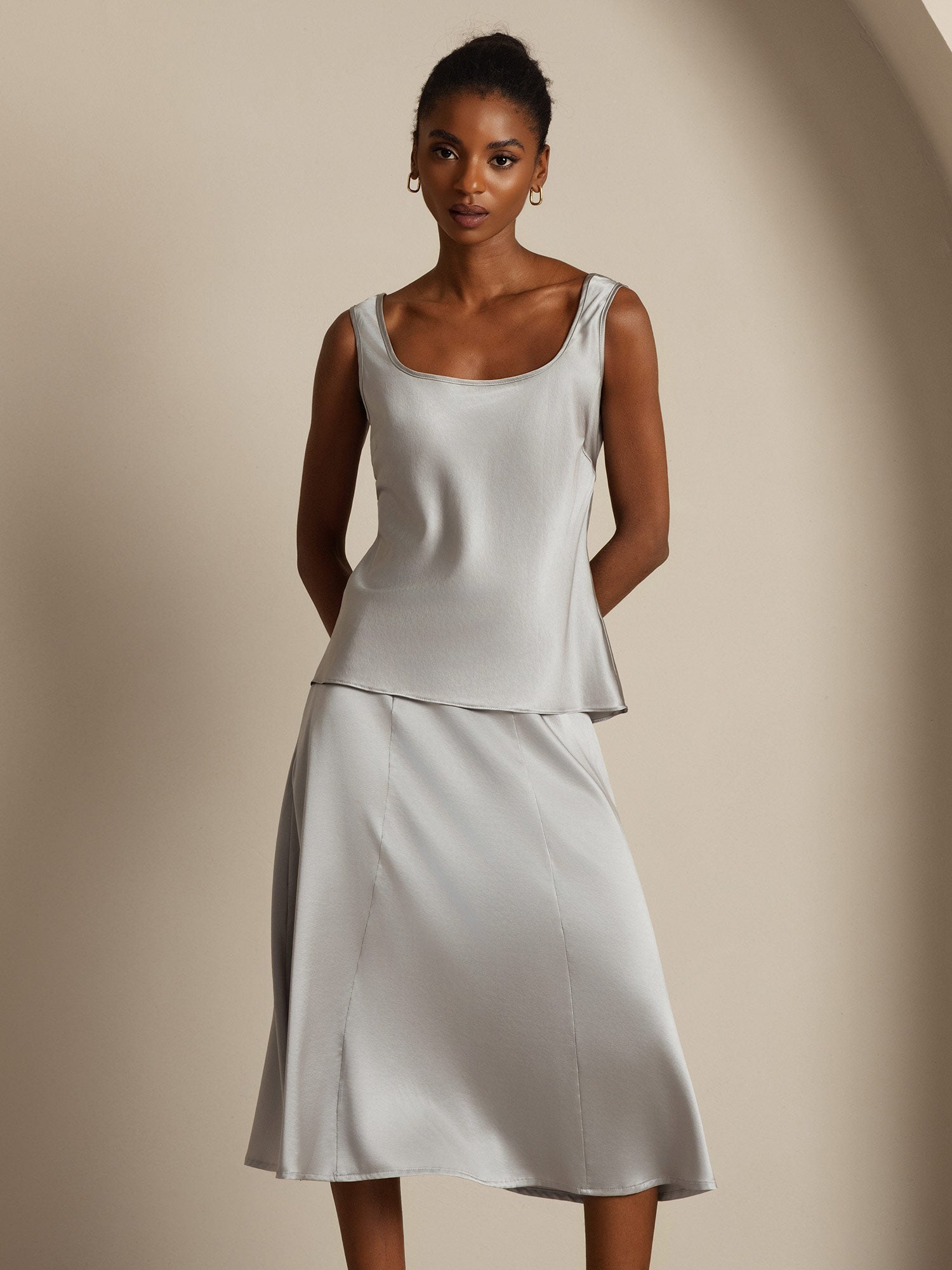 [Greifgrau] SilkSilky-DE 19Momme Seide U Ausschnitt Cami Top 003,