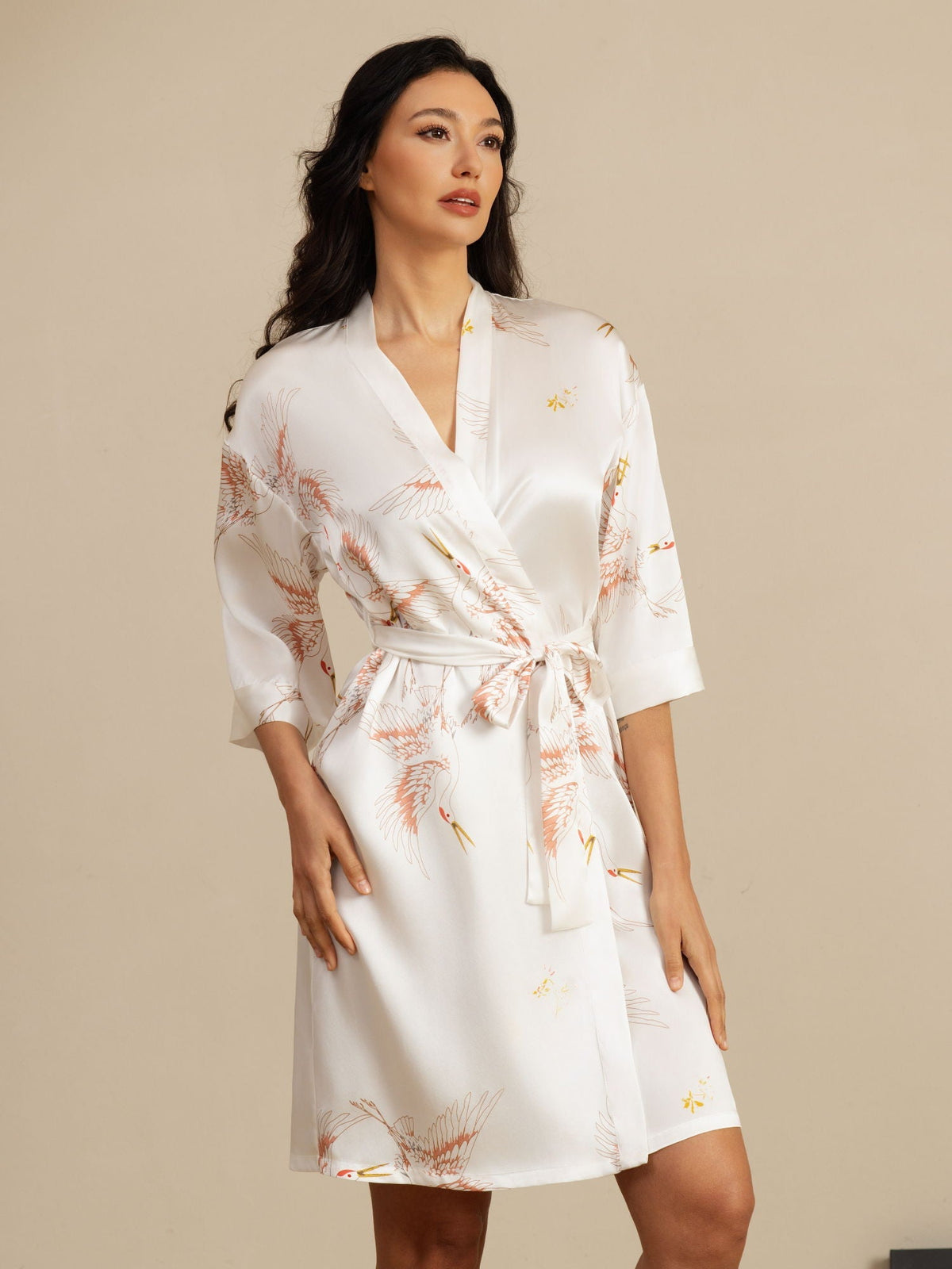 [Weiß] SilkSilky-DE 3/4 Sleeve Damen Morgenmantel 001