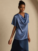 [Echtes Petrol] SilkSilky-DE Short Sleeve Cowl Neck Damenblusen 007