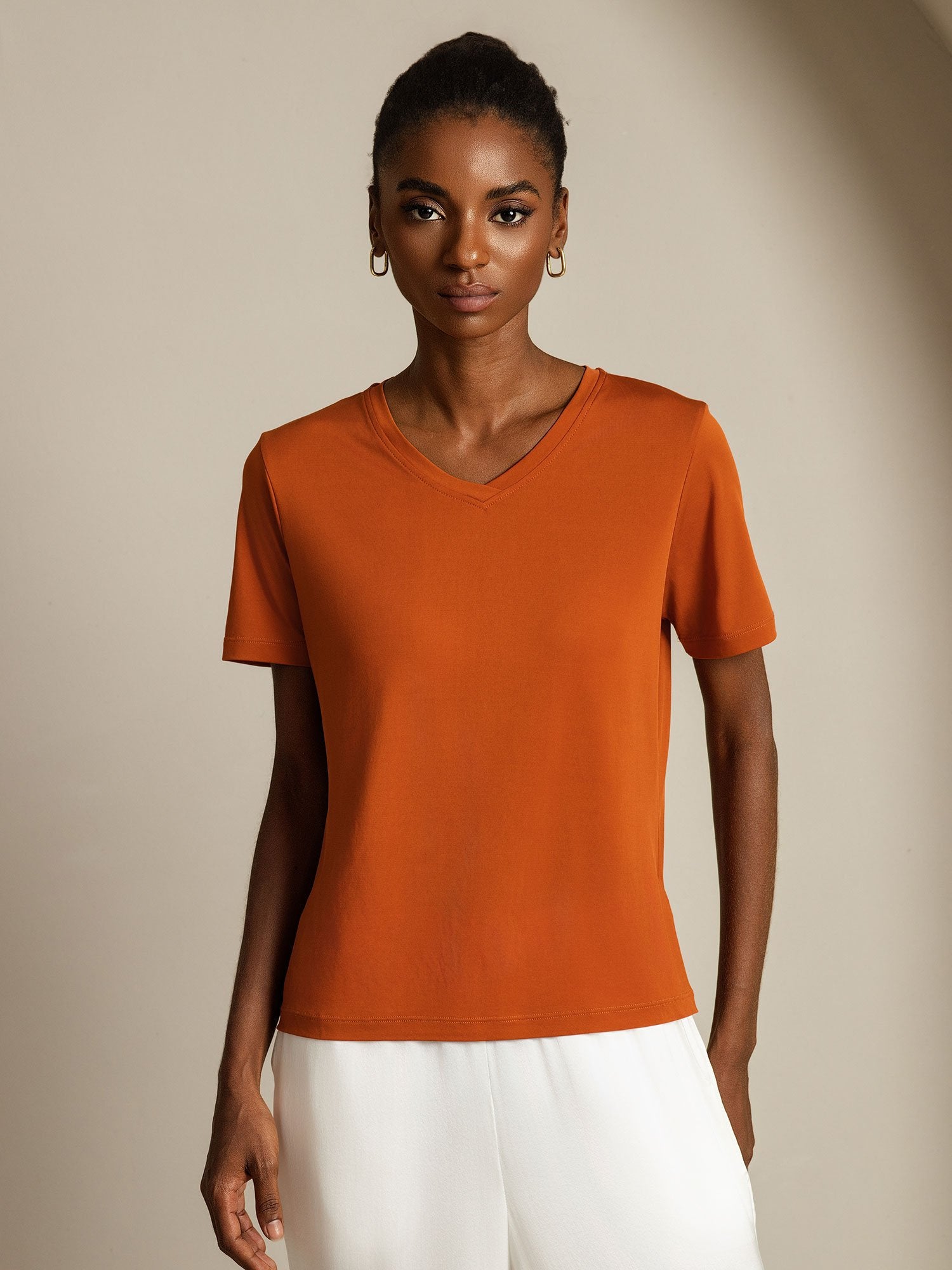 [Orange] SilkSilky-DE Reine Seide V Ausschnitt T-Shirt 001