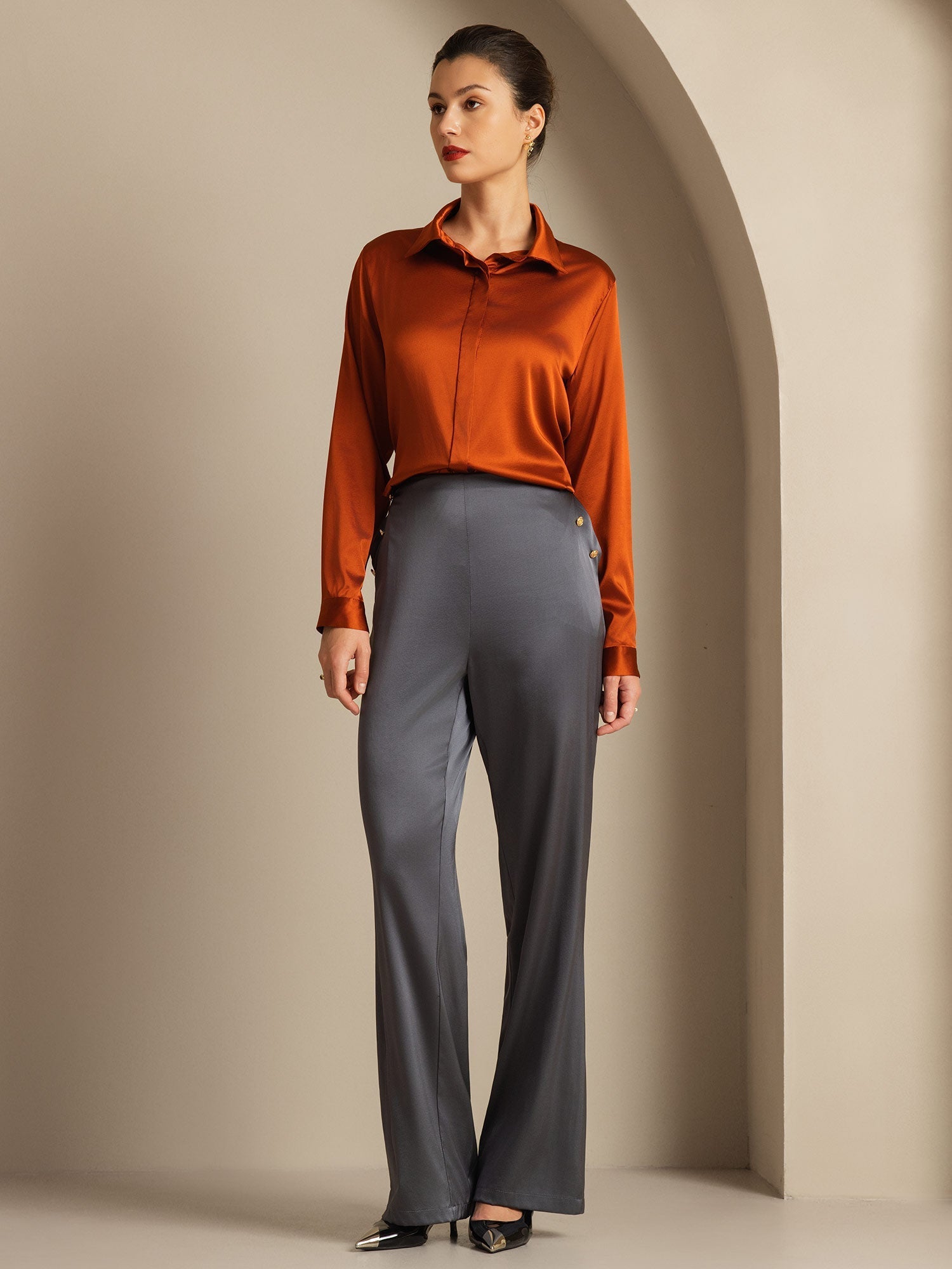 [Dunkelgrau] SilkSilky-DE 19Momme Seide Womens Pants 007,