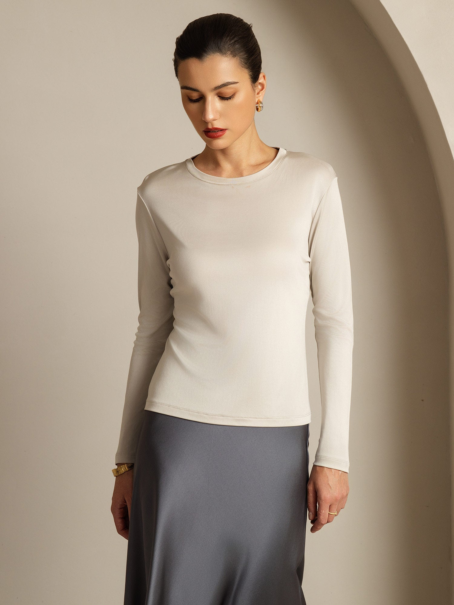 [Grau] SilkSilky-DE Reine Seide Womens T-Shirt 001,