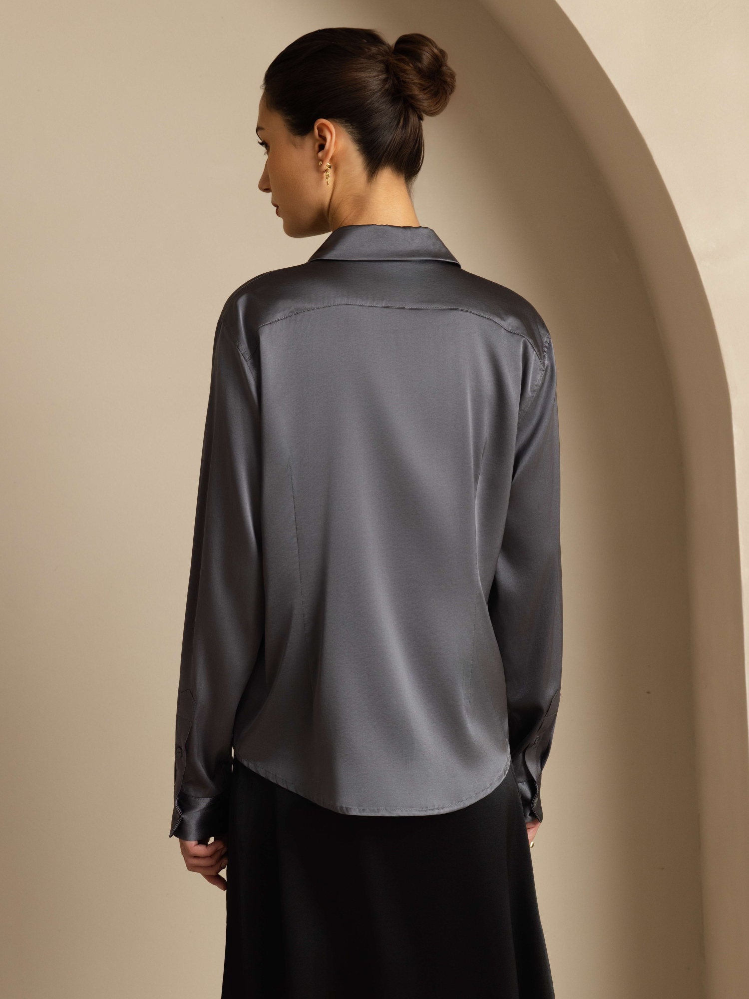 [Dunkelgrau] SilkSilky-DE Seide Langärmelig Umlegekragen Damenhemd 002