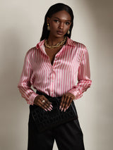 [Rosa Streifen] SilkSilky-DE Long Sleeve Lapel Collar Damenhemd 006