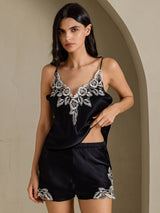 [Schwarz] SilkSilky-DE Sleeveless V Neck Camisole-Set 006