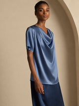 [Echtes Petrol] SilkSilky-DE Short Sleeve Cowl Neck Damenblusen 004