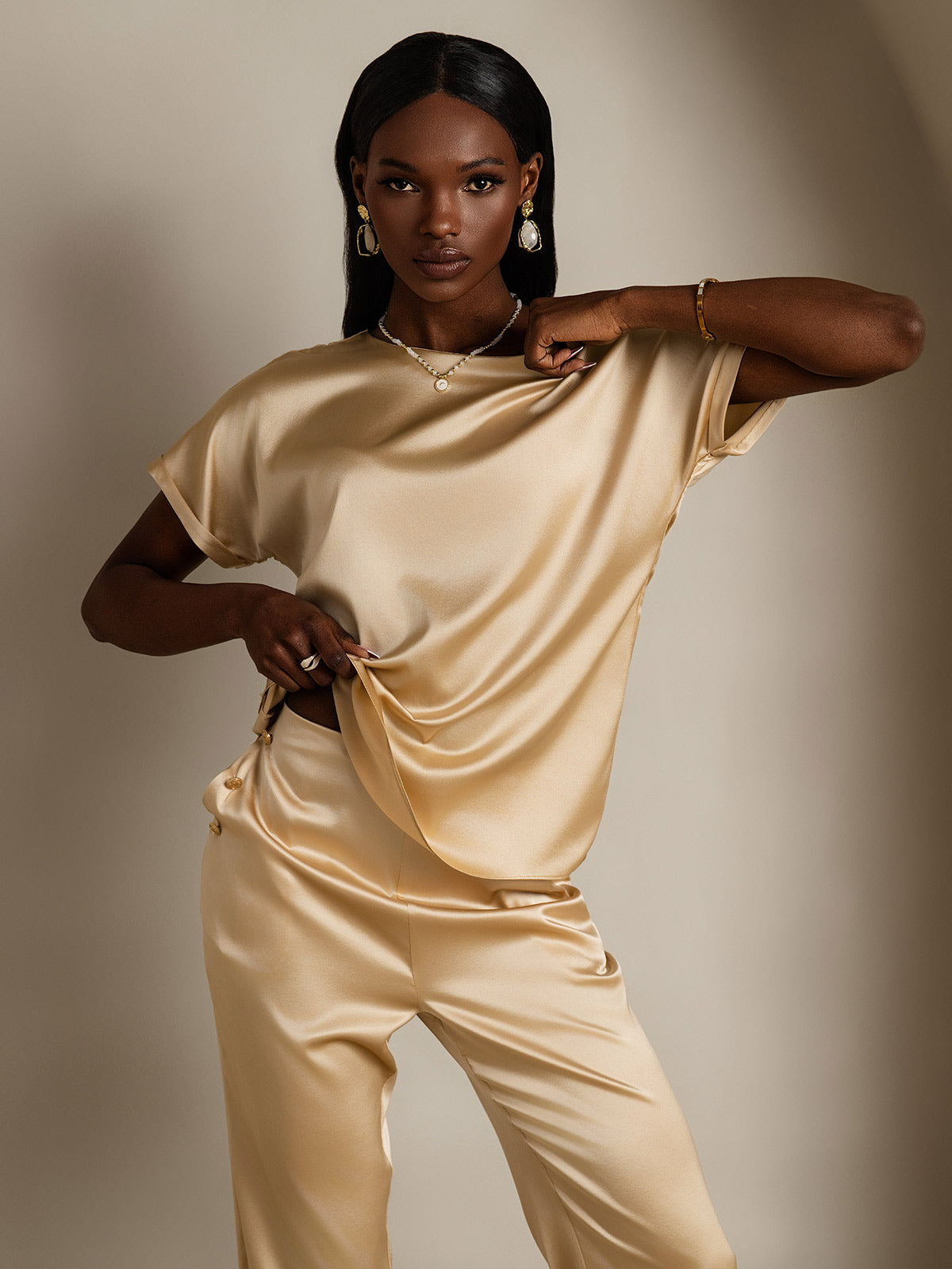 [Champagner] SilkSilky-DE 19Momme Seide Womens T-Shirt 004,