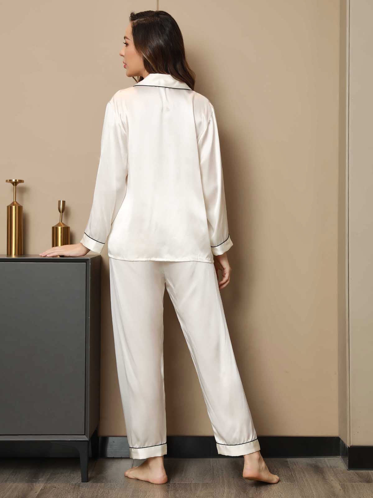 [Weiß] SilkSilky-DE Langärmelig Notch-Kragen Damen Pyjamas 002