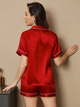 [Rotwein] SilkSilky-DE Kurzärmelig Notch-Kragen Damen Pyjamas 002
