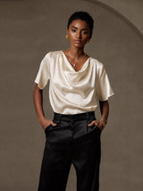 [Beige] SilkSilky-DE Short Sleeve Cowl Neck Damenblusen 003
