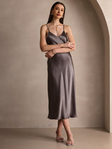 [Dunkelkhaki] SilkSilky-DE Sleeveless V Neck Kleider 005