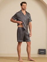 [Schwarzer Ginkgo] SilkSilky-DE Kurzärmelig Notch-Kragen Herren Pyjamas 006