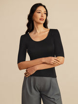 [Schwarz] SilkSilky-DE Half Sleeve Tiefer Rundhalsausschnitt T-Shirt 004