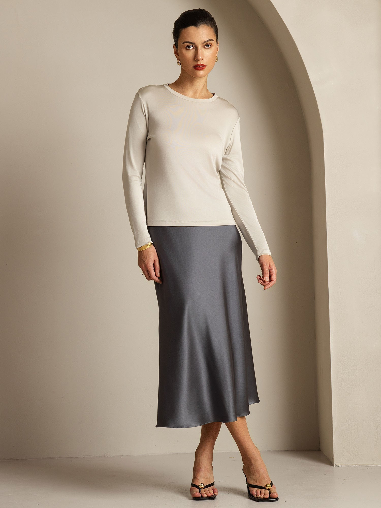 [Grau] SilkSilky-DE Reine Seide Womens T-Shirt 009,