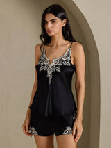 [Schwarz] SilkSilky-DE Sleeveless V Neck Camisole-Set 003