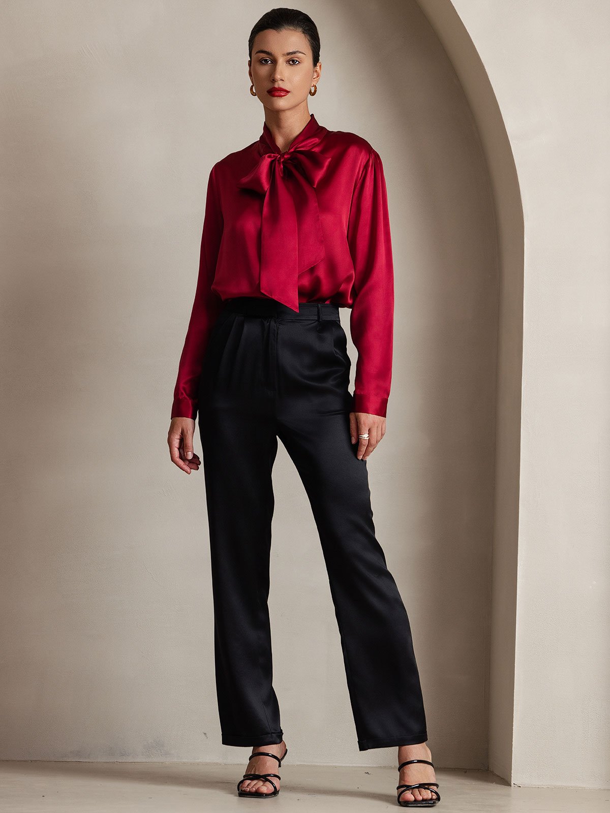 [Rotwein] SilkSilky-DE 19Momme Seide Langärmelig Blouse 003