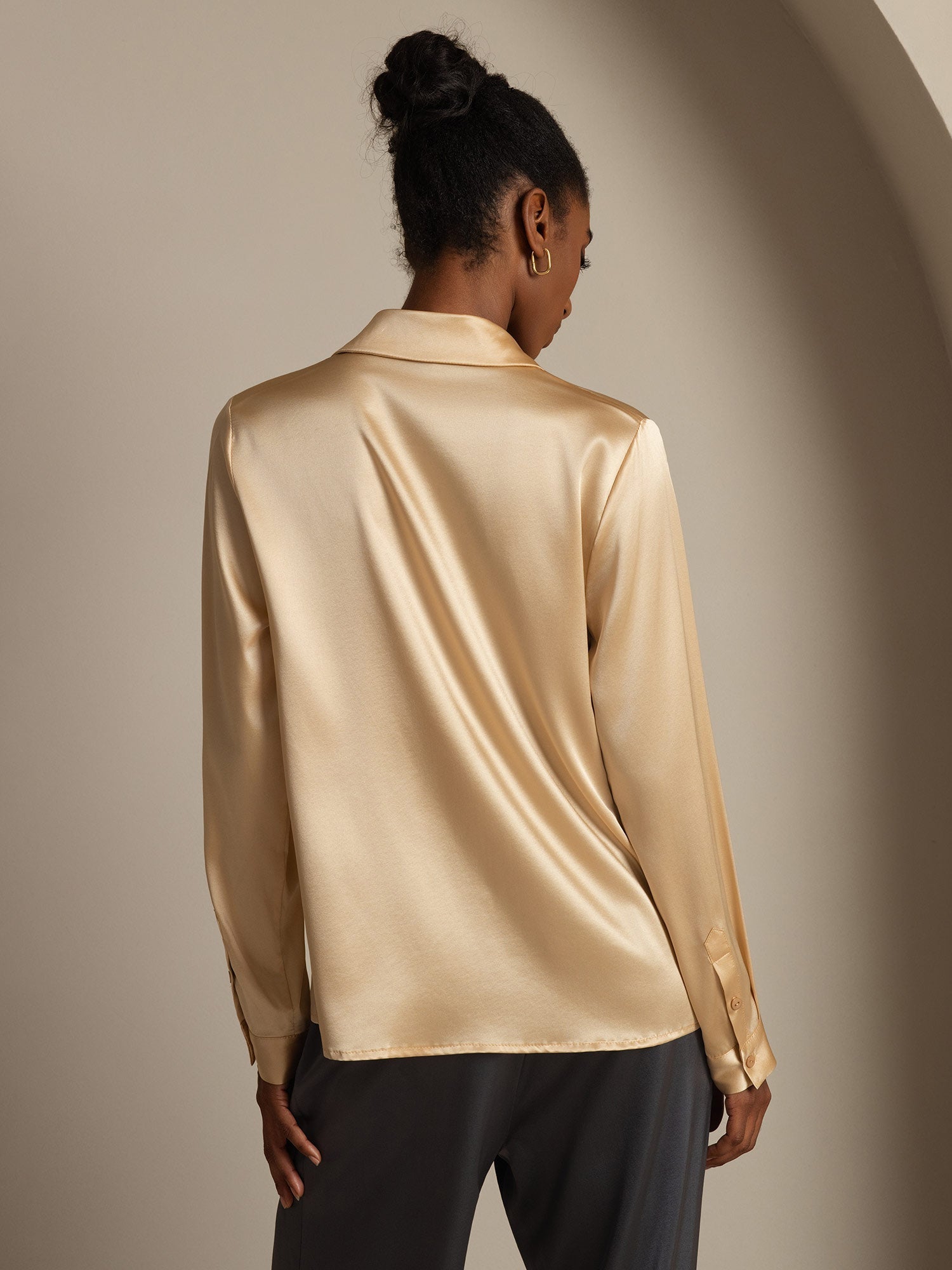 [Champagner] SilkSilky-DE 19Momme Seide Langärmelig Umlegekragen Damenhemd 003