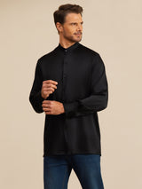 [Schwarz] SilkSilky-DE Long Sleeve Stand Collar Herrenhemd 005