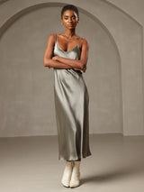 [Graugrün] SilkSilky-DE Sleeveless V Neck Kleider 001