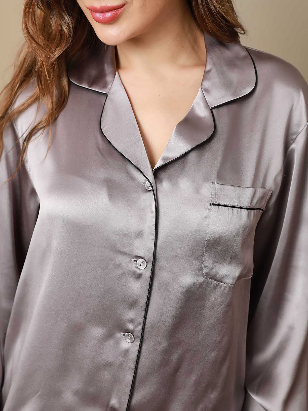 [Grau] SilkSilky-DE Reine Seide Womens Pajamas 007