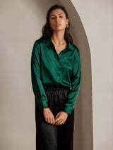 [Dunkelgrün] SilkSilky-DE Long Sleeve Lapel Collar Damenhemd 001