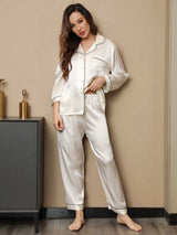 [Weiß] SilkSilky-DE Long Sleeve Notch-Kragen Damen Pyjamas 003