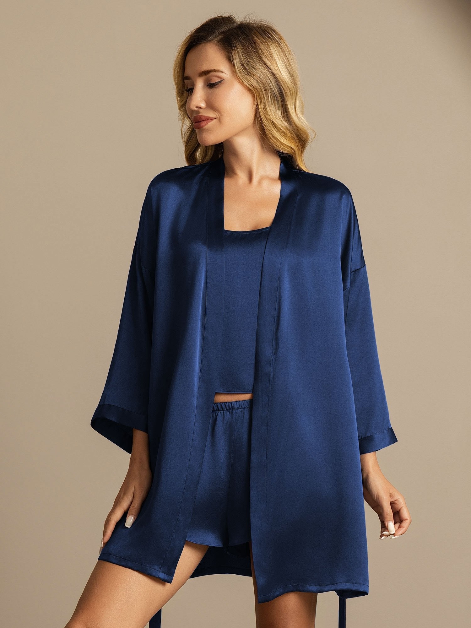 [Dunkelblau] SilkSilky-DE Reine Seide Nightgown&Robe Set 007,