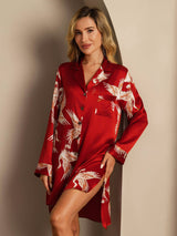 [Dunkelrot] SilkSilky-DE 19Momme Langärmelig Notch-Kragen Schlafhemd 008