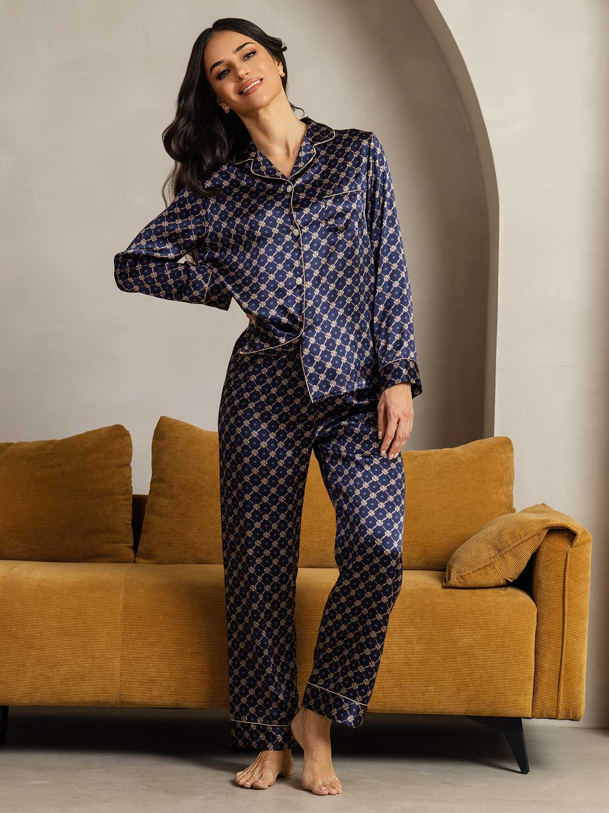 [Marine Kette] SilkSilky-DE Long Sleeve Notch-Kragen Damen Pyjamas 002