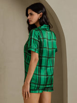 [Grünes Karomuster] SilkSilky-DE Short Sleeve Notch Collar Damen Pyjamas 002