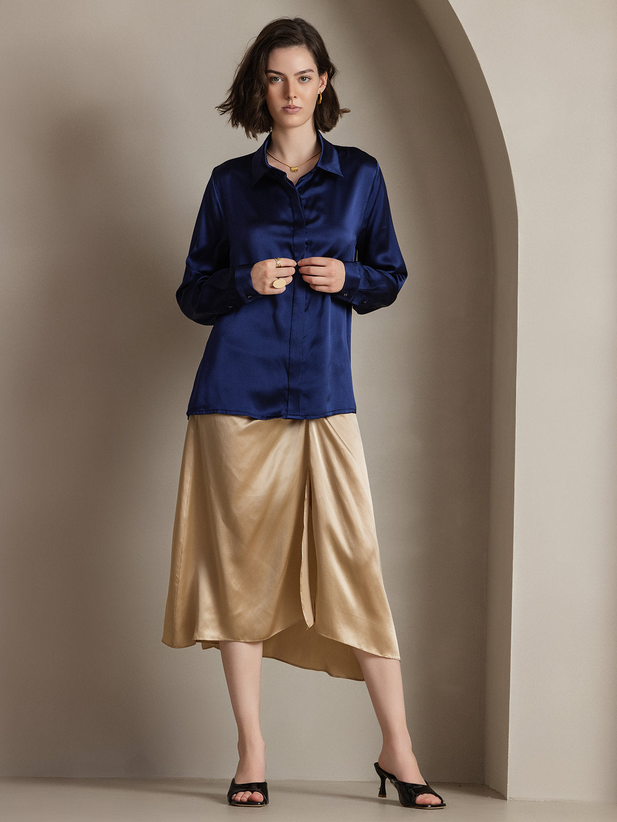 [Dunkelblau] SilkSilky-DE 19Momme Seide Lapel Collar Damenhemd 003