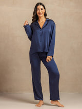 [Dunkelblau] SilkSilky-DE 19Momme Langärmelig Notch-Kragen Damen Pyjamas 006