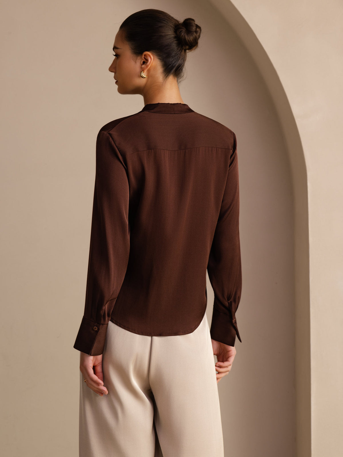 [Dunkle Schokolade] SilkSilky-DE Long Sleeve Tie Neck Damenblusen 002
