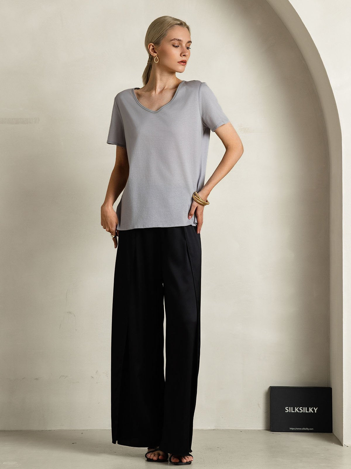 [Grau] SilkSilky-DE Seide Kurzärmelig V Ausschnitt T-Shirt 008