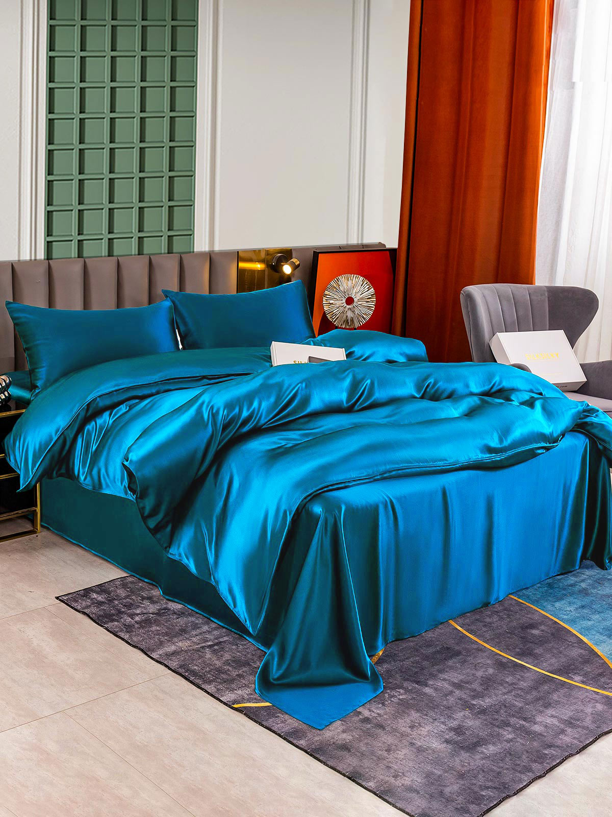 [König Blau] SilkSilky-DE 25Momme Reine Seide Bedding Set 002,