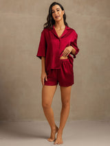 [Rotwein] SilkSilky-DE 19Momme Halblange Ärmel Notch-Kragen Damen Pyjamas 003