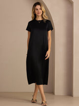 [Schwarz] SilkSilky-DE Short Sleeve Round Neck Kleider 007