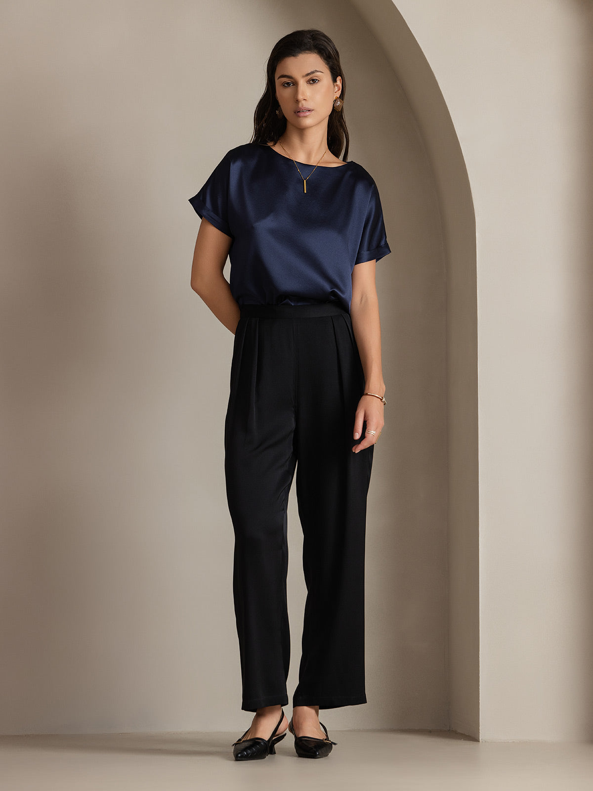 [Dunkelblau] SilkSilky-DE 19Momme Seide Womens T-Shirt 004