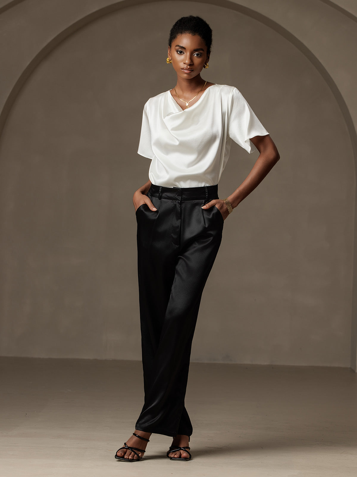 [Weiß] SilkSilky-DE 19Momme Seide Womens T-Shirt 006