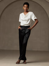 [Weiß] SilkSilky-DE Short Sleeve Cowl Neck Damenblusen 006