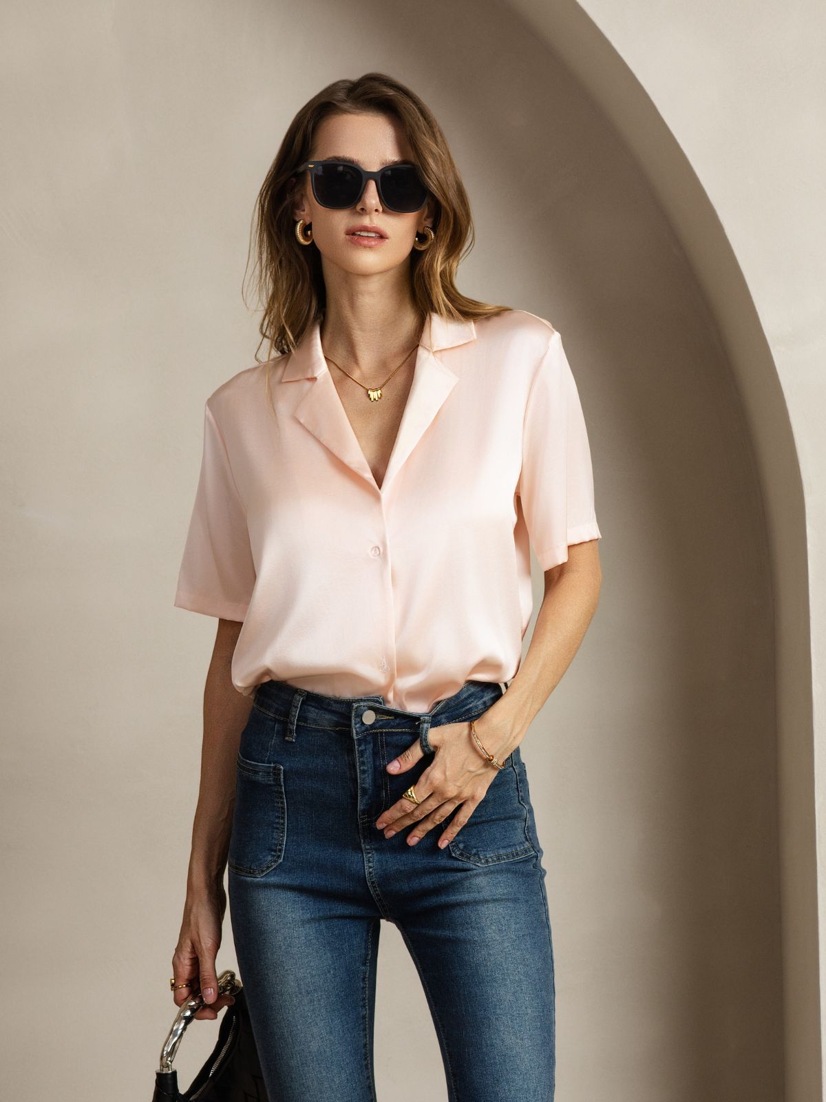 [Rosa] SilkSilky-DE 19Momme Seide Eingekerbter Kragen Damenhemd 006