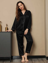 [Schwarz] SilkSilky-DE Long Sleeve Notch-Kragen Damen Pyjamas 004
