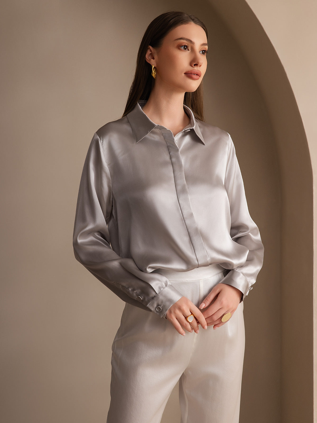 [Hellgrau] SilkSilky-DE 19Momme Seide Lapel Collar Damenhemd 004