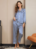 SilkSilky-DE 19Momme Reine Seide Langärmelig Revers Damen Pyjamas Blau 001