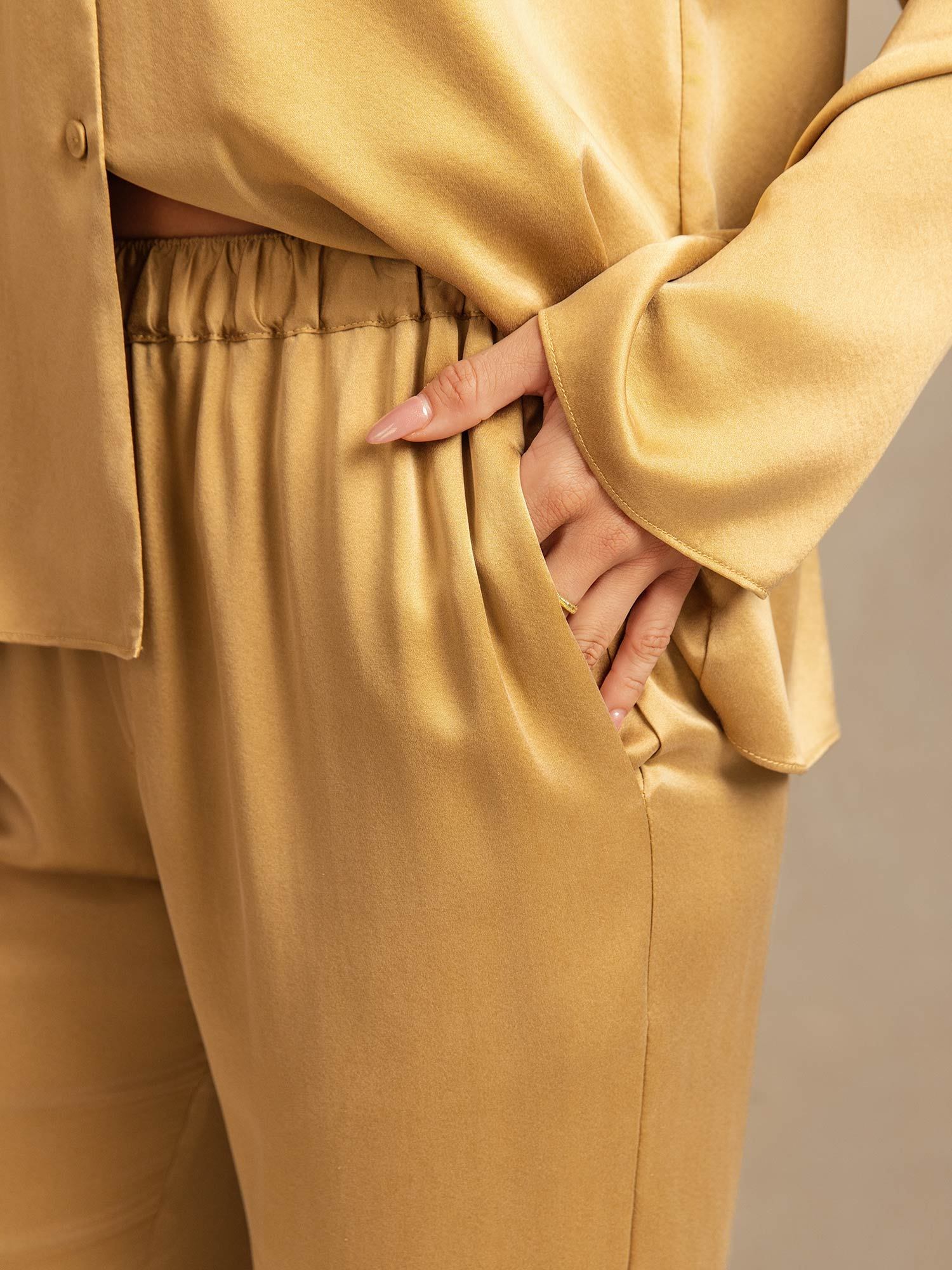 [Tan] SilkSilky-DE 19Momme Seide Umlegekragen Damen Pyjamas 005