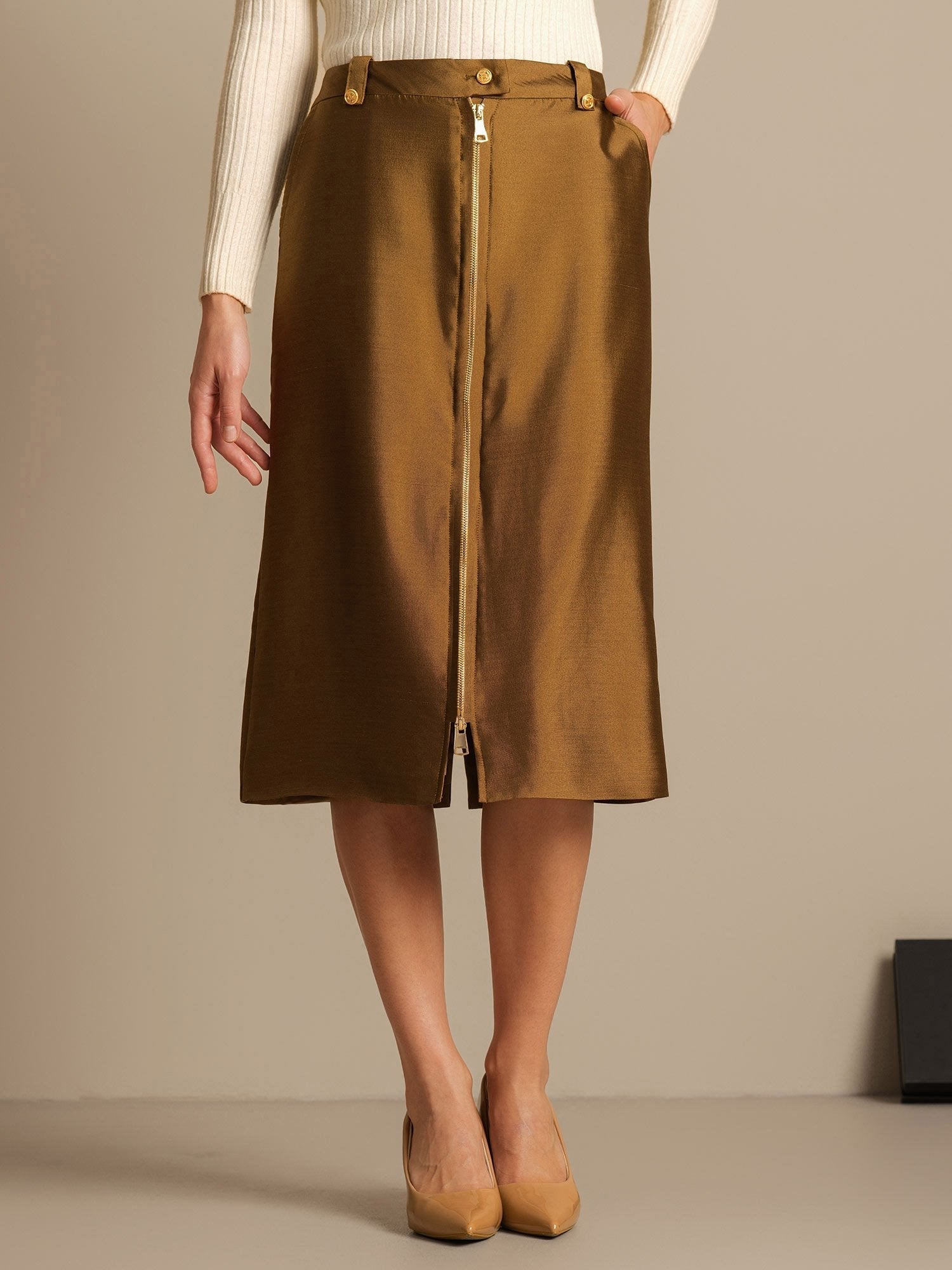[Bronze] SilkSilky-DE 32Momme Silk-Wool Blend Skirt 003,